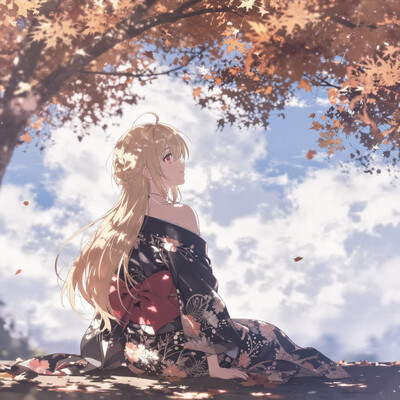 1girl, solo, lazypos, anime-style, delicate, dreamy, from behind, looking afar, cinematic lighting, cinematic, volumetric lighting, natural shadows, [cloud:7], [blue_sky:5], soft and gentle colors, soft pastel colors, soft shading, detailed textures, kaela20, blonde hair, red eyes, long hair, smile, sleeveless kimono, black kimono, detached sleeves, black sleeves, floral print kimono, red sash, outdoors, tree, falling leaves, autumn, autumn leaves, sitting, veranda, arm support, usnr