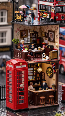 A meticulously crafted diorama depicting British life inside a classic red telephone box, expanded to multiple levels with each floor representing various cultural stereotypes of British life. The telephone box is on a rainy London street. Ground Level: The entrance floor showcases a traditional British pub setting, complete with a small bar, wooden stools, and a few patrons sipping pints of ale. A dartboard is mounted on the wall, and a small Union Jack flag hangs nearby. The color scheme is warm and inviting, with dark wood tones and golden accents. First Level: Above, the next level features a cozy living room scene with a tea set on a small coffee table, a grandmotherly figure knitting in a comfortable armchair, and a classic British bulldog lying on a tartan rug. The walls are adorned with floral wallpaper and family portraits, capturing the quintessential English home atmosphere. Second Level: The following level is a bustling office scene, representing the iconic stiff upper lip work ethic. Miniature desks are cluttered with paperwork, and tiny figures in suits and bowler hats are engrossed in their tasks. A portrait of the Queen hangs on the wall, and a small radio plays the BBC news in the background. Third Level: The top floor is a whimsical, colorful depiction of a British high street during a rainy day. Tiny figures with umbrellas navigate past a fish and chip shop, a post box, and a double-decker bus peeking out of the back of the diorama. A small cat perches on a windowsill, watching the activity below.