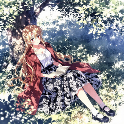 1girl, solo, lazypos, anime-style, delicate, dreamy, dutch angle, high angle, looking down, cinematic lighting, cinematic, volumetric lighting, natural shadows, [cloud:7], [blue sky:7], soft and gentle colors, soft pastel colors, soft shading, detailed textures, kaela20, blonde hair, red eyes, long hair, smile, half updo, white_lace_trimmed_cami, (lace_trimmed:1.5)_suspender_skirt, black skirt, (white lace:1.4), scarlet_trench_coat_patterned, mary_janes, white socks, outdoors, sitting, under tree, garden, flower, book, open book, usnr