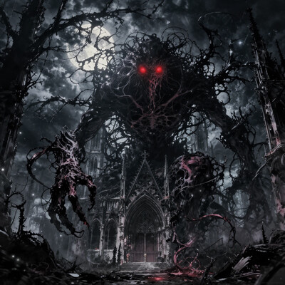 A towering, amorphous shadow monster with glowing red eyes, tendrils of darkness swirling around its massive form, set against a decaying gothic cathedral bathed in eerie moonlight, photorealistic, high contrast, dramatic lighting, wide-angle shot, Studio Ghibli Dark Fairytale