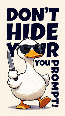 A cartoon duck, white with orange beak and feet, is holding a knife and wearing sunglasses. The duck is positioned in the center-left of the image, holding a knife in its left hand and with a confident, slightly intimidating expression. The text DON'T HIDE YOUR PROMPT! is written in bold, dark letters above and around the duck. The words DON'T and HIDE are stacked vertically, while YOUR PROMPT! is positioned below and slightly to the right of the main phrase. The background is a light beige or cream color. DB4RZ, DB4RZ style painting