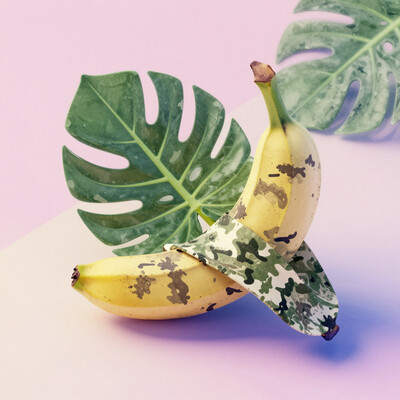 3d isometric, blender render, soft colorful-hued colors, (a single banana, (a banana in camouflage:1.4), a very stealthy banana, hiding in plain sight, no one can see it), [ : (ral-camo pattern) : 3], [ : monstera leaves, tiny pebbles : 5 ], two tone lighting, abstract geometric gradients, colorful background