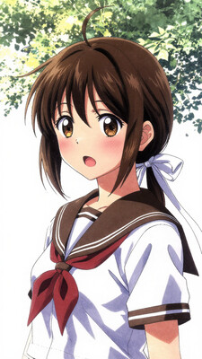 masterpiece, best quality, amazing quality, 1girl, school uniform, solo, brown hair, shikinami (kancolle), serafuku, blush, brown sailor collar, sailor collar, brown eyes, open mouth, ponytail, short sleeves, upper body, short hair, looking at viewer, ribbon, one-hour drawing challenge, hair ribbon
