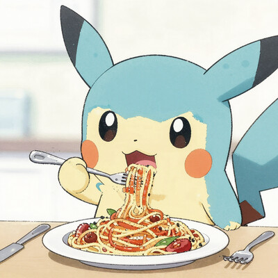 embedding:IllusP0s, marill_\(pokemon\), eating spaghetti, no humans, cute, aiming