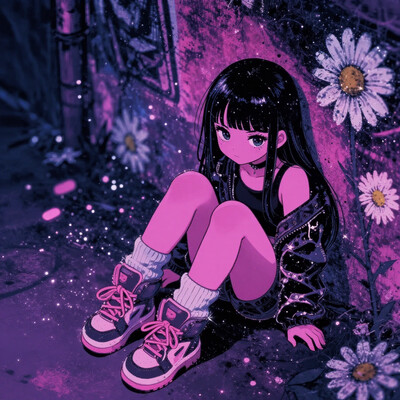 lazypos, no lineart, shiny highlights, high contrast, Retro Vaporwave Palette, 1girl, night, graffiti wall, a daisy, squatting, from above, cyberpunk edgerunners, pink light