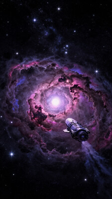 Title: Chronicles of an Ancient Cosmos A vast, black cosmos adorned with countless twinkling stars and a blazing sun is depicted. A lone spaceship navigates through the darkness, its sleek silver surface reflecting the starlight. The viewer is positioned behind the ship, watching as it glides towards an ominous nebula. Color mood: Cold, yet illuminated by the stars Lighting conditions: Subdued, with a slight hue of blue from the distant galaxy Angle: Long shot, capturing the vastness of space and the ship's journey Style: Surreal, evoking a sense of wonder and curiosity As the ship approaches the nebula, it disappears into its cloudy depths, leaving only a trail of smoke in its wake. The darkness is interrupted by vibrant shades of pink and purple, signaling the uncharted territory within. Color mood: Mysterious, transitioning from cold to warm Lighting conditions: Soft, contrasting the harsh blackness of space Angle: Close-up of the ship as it enters the nebula, with the cosmos still visible Style: Abstract, conveying the sense of exploration and discovery Suddenly, a planet emerges from the haze.