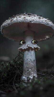((Full-Length Shot)), face front, misty scene, mushroom head, detailed eyes, smile, dark forest DonM5h4d0wM317XL