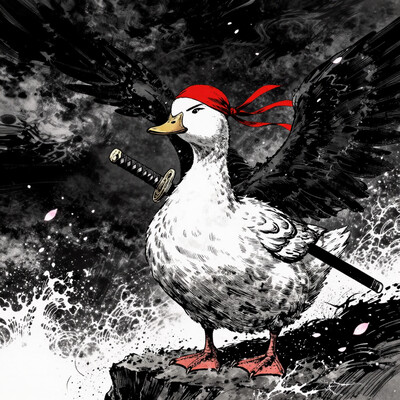 masterpiece, best quality, amazing quality, very aesthetic, absurdres, no humans, from below, high up, in the style of cksc, dark_comic_fantasy_noir, emphasis lines, traditional japanese art, white duck on a cliff, mean look, v-shaped eyebrows, puffed chest, imposing, long red headband, sideways glance, looking to the side, profile, sheathed katana, sheath, torn black cape, wings, cloudy, dramatic lighting, cliff, waves crashing, dim lighting, windy, pink falling petals