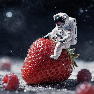 masterpiece, best quality, space helmet, astronaut, spacesuit, fruit, food, helmet, shadow, strawberry, raspberry, oversized food, food focus, dessert, 1other, sitting, oversized object, sparkle, space, ambiguous gender, solo, floating, signature, no humans, , XUER guangying, , 2dReal, ((photo background, film grain)), dark, blurry background, depth of field, impressionism, , , , , usnr