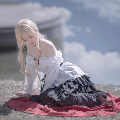 1girl, solo, lazypos, delicate, dreamy, side view, cinematic lighting, cinematic, volumetric lighting, ray tracing, natural shadows, clouds, blue sky, soft and gentle colors, soft pastel colors, soft shading, detailed textures, kaela20, blonde hair, red eyes, long hair, smile, frown, looking down, off-shoulder blouse with layered maxi skirt, white blouse, strapless dress, collarbone, layered skirt, black skirt, red skirt, black skirt over red skirt, kneeling, on ground, leaning forward, pond, bare foot, kaela20 kneeling at the edge of the pond, black ribbon, usnr