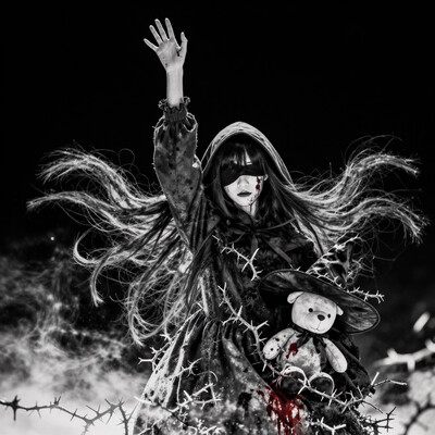 1girl, arm up, bangs, black background, blood, closed mouth, covered eyes, dress, floating hair, greyscale, hooded cloak, long hair, long sleeves, looking at viewer, monochrome, one eye covered, simple background, solo, stuffed toy, thorns, witch hat
