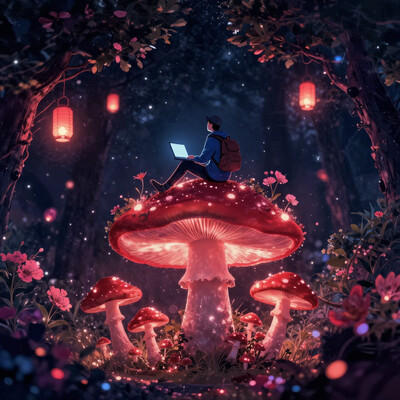 A digital illustration shoot from the side about a mysterious and fantastical scene featuring a man sitting atop a large mushroom-like structure surrounded by glowing red mushrooms and vibrant flowers. the scene is set against a dark, starry night sky with glowing lanterns, creating a mystical atmosphere. on the middle of the image, a man, who appears to be in his mid-twenties, is sitting on the mushroom, wearing a blue jacket, pants, shoes, and a cap, with a backpack on his back. he is facing away from the viewer, and is holding a laptop in his hands. the man is surrounded by a dense forest filled with trees and flowers, with pink flowers blooming around him. the mushroom has a glowing red light emanating from its base, and the surrounding area is filled with smaller mushrooms and glowing red lanterns. the overall atmosphere is one of wonder and adventure, with the man's presence commanding attention. VibrantlySharp style.