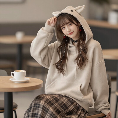 masterpiece, best quality, 1girl, solo, N4nashiCas, brown eyes, brown hair, long hair, streaked sidelocks, ahoge, cherry earrings, black choker, oversized hoodie, beige hoodie, animal hood, wide sleeves, long skirt, high-waist skirt, plaid skirt, brown skirt, indoors, cafe, sitting, table, cup, coffee mug, arm rest, smile, head tilt