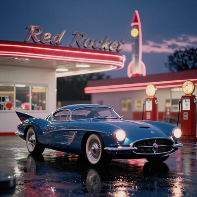 professional magazine photo, cinematic composition, 8k, 4k, 1950s retro-futurism, science fiction, perfect reflections, ray tracing, a highly detailed, high-resolution photo of an exciting luxurious, retro-futuristic supercar gleaming under the neon glow of a vintage gas station, a vision of 1950s-inspired atomic-age design, fused with cutting-edge technology, its sleek, aerodynamic bodywork features flowing curves, pronounced tailfins, and a bubble-shaped canopy, reminiscent of classic mid-century concept cars, polished chrome trim reflects the ambient light, while its vibrant metallic paint - indigo blue with polished chrome accents - shimmers with a soft pearlescent finish, whitewall tires with turbine-styled hubcaps complete its striking silhouette, the car's headlights are on, casting bright beams onto the rain-slick pavement, the light refracting in shimmering reflections. the setting is an atmospheric retro-futuristic gas station, bold red and white signage displays the text: Red Rocket in classic americana typography, its iconic towering rocket-shaped sign glowing softly against the twilight sky, red vintage fuel pumps stand in a row, showcasing the golden age of optimistic engineering, the concrete forecourt is slick from a recent rain shower, casting shimmering reflections of neon, the sky is a rich blend of twilight hues, with the last golden light of sunset fading into a deep blue, the first stars appearing above, the composition is cinematic, shot at a dramatic low angle to emphasize the power and elegance of the car, the car is positioned in the lower third of the frame, drawing the eye toward the red rocket sign in the background, giving the image a sense of grandeur and depth, captured with a hasselblad h6d-100c medium format camera on kodak ektar 100 film, f/2.8 aperture, iso 200, the soft film grain enhances the vintage aesthetic, while the crisp details ensure a modern, high-end car magazine quality, the lighting is a mix of soft natural dusk light and the warm artificial glow of gas station signage, combining to create a dynamic, luxurious atmosphere, a perfect blend of classic americana and retro-futuristic optimism, framed with masterful precision to evoke a sense of nostalgia and wonder, arsmoviestill, 80s fantasy movie still
