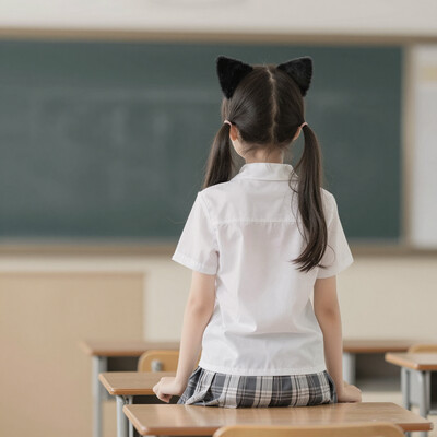 Smooth Quality, 1girl, solo, cat girl, classroom, >_ _