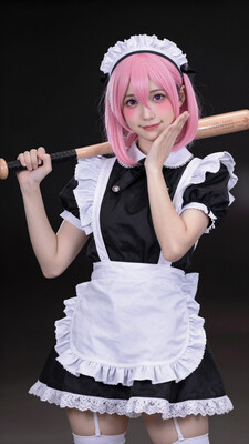 masterpiece, best quality, safe, girl, CivChan, solo, petite, pink hair, medium hair, (hair hair between eyes:1.2), purple eyes, snake mouth, looking at viewer, happy, :d, blush, medium breasts, (shaded face:0.8), black maid, short sleeves, maid headdress, thighhighs, white legwear, standing, hand on own cheek, holding, baseball bat over shoulder, cowboy shot, dark background