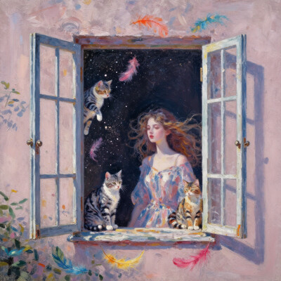 masterpiece, newest, absurdres, incredibly absurdres, best quality, amazing quality, very aesthetic, impressionism, painterly, pastel colors, Abstract image of a girl, an open window, striped cats, colorful feathers light particles stylized 0__11Xx_illu bW9t