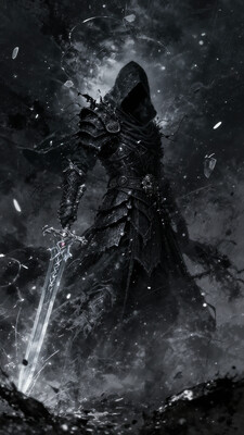concept art hidden face, mysterious, hooded, full body, dark enigmatic warrior, standing, storm of falling shards, glowing ethereal giant heavy thick sword in hand, warriorâs intricate armor, tattered cloak that billows in the wind, atmosphere is charged with an otherworldly energy, fantasy realism, dramatic lighting, detailed textures to bring the scene to life, , , . digital artwork, illustrative, painterly, matte painting, highly detailed