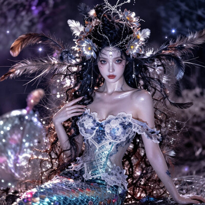 A stunning female siren with silky skin and glowing feather-flower hair, dressed in an avant-garde lace and silk gown with a unique headdress. Rendered in an eerie, otherworldly style with vibrant colors, feathers, and a mesmerizing, beautiful background â a masterpiece of fantasy art.