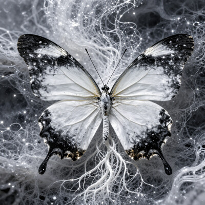 A hyper-detailed, biomechanical butterfly with wings that appear almost porcelain-like, transitioning from a pure, ghostly white at the center to inky black at the tips, adorned with fine, golden veins that glow faintly. The insect’s thorax and lower body morph into an intricate mass of elongated, sinewy tendrils resembling neural pathways or delicate roots, cascading downward into an abyss of darkness. The background consists of an ethereal, almost liquid expanse of swirling white and gray textures, resembling flowing marble or organic tissue, infused with an enigmatic, glowing energy. The butterfly exudes an eerie yet mesmerizing presence, as if it is a celestial being suspended between worlds, both fragile and powerful in its surreal elegance.