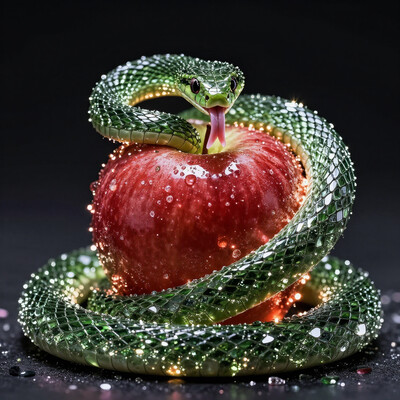 A vibrant green snake made of glass shards coiled around a glowing bright red apple on a dark backdrop. The snake is looking at the viewer and has its tongue out.