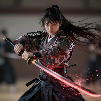 R3alisticF, samurai girl wearing a kimono with shoulder armor, she's holding a katana glowing with red energy, her long hair is flowing in the wind, she stands in a dojo training for her next battle. (maximum ultra high definition image quality and rendering:3), maximum image detail, maximum realistic render, (((ultra realist style))), realist side lighting, , 8K high definition, realist soft lighting
