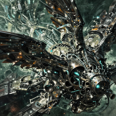 An extreme closeup of an e-sumi propulsion array, presented as an immense, chaotic layering of overlapping mechanical wings, vent fins, and shimmering alloy plating. The structure feels both ancient and futuristic, with areas resembling brush-painted textures of oil and steel, inspired by John Berkeyâs kinetic sci-fi paintings. Bright turquoise light pulses through translucent conduits, while sparks scatter across shadowy recesses. The perspective exaggerates the enormity, with details vanishing into infinite depth. The environment is flooded with soft cosmic fog, tinted in emerald and amber hues, lending an ethereal glow. Tilted, almost abstract composition, emphasizing scale and density. Macro-like sci-fi immersion, as though the viewer is a drone hovering inches away from impossible machinery.