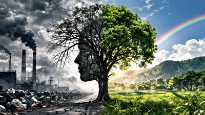 A strikingly symbolic surreal composition portraying a single tree split into two contrasting halves, forming the profile of a human face, where one side is barren and lifeless while the other thrives with lush greenery. The left half of the image presents a bleak dystopian landscape, filled with towering smokestacks belching thick, dark clouds into the sky, a sea of overflowing garbage bags piled beneath, and a cracked, ashen road stretching endlessly. The skeletal branches of the tree mirror the decay, devoid of leaves, twisted and lifeless, blending into the smog-filled atmosphere. On the right side, a vibrant utopian paradise emerges, with rolling green fields stretching toward lush forested mountains, illuminated by a soft, golden glow. The tree here is full of life, its rich green foliage thriving under a bright blue sky, where a radiant rainbow arcs gracefully, casting a hopeful aura over the pristine natural landscape. The stark contrast between industrial destruction and environmental harmony conveys a profound visual metaphor of human impact, nature’s resilience, and the choice between devastation and renewal in a hyper-detailed, thought-provoking surrealist art style.