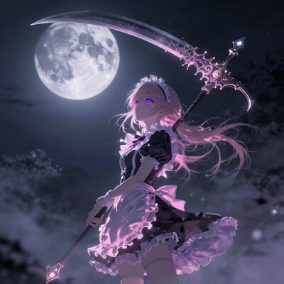 1girl, glowing scythe, full moon, mist, ethereal, dark fantasy, dramatic lighting, night sky, mysterious atmosphere, fantasy setting masterpiece, best quality, amazing quality, very aesthetic, absurdres, detailed eyes, newest, , CivChan, purple eyes, pink hair, maid outfit, , neon illustration in the style of pinkneonanime