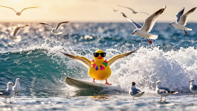 A bright yellow duck, wearing oversized mirrored sunglasses and a tropical flower necklace, balances expertly on a surfboard, cutting through the crest of an enormous wave. The water is a swirling mix of blues and greens, foamy spray frozen in time as it arcs around the duckâs outstretched wings. A small crowd of bewildered seagulls watches mid-flight, their heads tilted in disbelief. The horizon stretches endlessly in the background, where the setting sun casts a golden glow across the oceanâs surface.