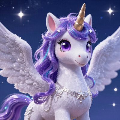 masterpiece, amazing quality, best quality, ultra-detailed, 8K, illustration, CG, ultra-detailed-eyes, detailed background, masterpiece, best quality, good quality, very awa, newest, highres, absurdres, ValMix, , celestia, 1girl, horns, solo, smile, animal ears, single horn, purple eyes, long hair, multicolored hair, star (symbol), furry, wings, horse ears, grand white dress, furry female, purple hair, unicorn, blue background, ( starry background:1.5)