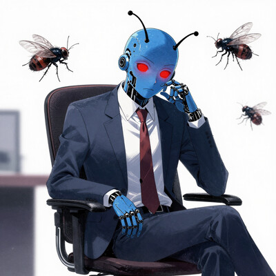 best quality, masterpiece, absurdres, newest, (official style:1.1), anime coloring, 1boy, civbot, gigachad, sigma male, robot, male focus, solo, blue skin, colored skin, antennae, bald, glowing red eyes, professional clothes, suit, tie, th1nk3r, sitting, head rest, 1boy, male focus, office chair, ((bugs, insects, flies))