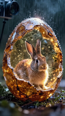 A breathtaking close-up of an enormous amber specimen in the shape of an egg made of amber which is hollow. It's thick shell is cracked open on the side, with a minuscule bunny has taken cover inside within its golden depths because it is raining outside. The flawless amber's transparency allows the bunny to be seen in exquisite detail. The camera angle is a close-up, emphasizing the intricate details of the amber and the bunny inside. The emotion is a mix of fascination and wonder, with a combination of warm and cool tones to create a striking contrast. The scenery features a mysterious background with a few scattered plants and a glowing halo of light surrounding the amber. High-definition and ethereal modifiers are used to add a touch of magic and wonder. A vintage-style, high-speed camera captures the intricate details, while a soft focus lens creates a dreamy, surreal atmosphere. The lighting is a mix of sunlight and golden hour tones, with the amber emitting a soft, warm glow. The color palette features warm, earthy tones and cool blues and greens for depth and mystery.
