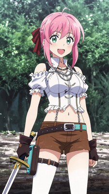 anime screencap, masterpiece, best quality, 1girl, solo, open mouth, light smile, blush, upper teeth only, short twintails, pink hair, green eyes, hair ribbon, red ribbon, white collar, chain necklace, open jacket, off-shoulder jacket, frilled jacket, white shirt, puffy short sleeves, underbust, midriff, navel, brown gloves, short shorts, white thighhighs, brown shorts, brown thigh pouch, aqua bag, holding sword, standing, looking at viewer, cowboy shot, forest, log, scenery, nature, photo background, blurry background
