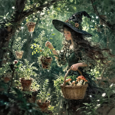 masterpiece, best quality, painterly, (motion blur:1.1), very awa, 1girl, solo, (fantasy:1.3), witch, hair ornament, witch, botanist, herbs, plants, fungus, grab basket, light, pastel, inside, magical plants, herbs, plant-pots, a cute witch inside a green house, detailed, wideshot, holding plants, long hair, green theme, , XUER guangying, , 2dReal, ((photo background, film grain)), dark, blurry background, depth of field, impressionism, , , , , detailed