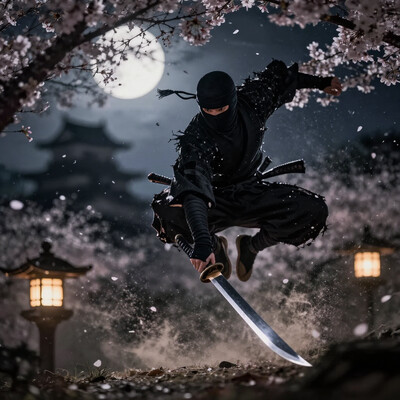 hyperrealistic art D1gitalL1nes, Night in the garden of the samurai castle. Moonlight breaks through the branches of cherry blossoms. In the background, there are dark silhouettes of towers and andon lanterns. atmospheric, moody, mysterious, assorted, Ninja (Attacking): At the highest point of a powerful jump, diving down at an angle of 45 degrees. The body is stretched into a string, the legs are grouped for impact. Classic black shinobi shozoku (ninja costume) with a mask covering the entire face except the eyes. The fabric is torn by the wind. A short sharp kunai or tanto (ninja dagger) is held in the right hand in a reverse grip (the blade along the forearm), pointing the tip down at the target. The blade glitters coldly in the moonlight. incredible speed and power of the jump. Behind him is a plume of dust and falling sakura petals, lifted by a push. Sharp focus on the ninja especially on the dagger and the faces. The background is slightly blurred, Contrasting. Bright moonlight illuminates the stage from above, creating harsh shadows. The warm glow of the andon lanterns illuminates the general from below. Flying sakura petals, dust, perhaps sparks from the incipient movement of the general's sword. Textures of fabric, metal of armor and wood of scabbard. Epic, dynamic, in the style of action anime (senen) or historical manga. The emphasis is on speed, danger and skill of warriors. . extremely high-resolution details, photographic, realism pushed to extreme, fine texture, incredibly lifelike