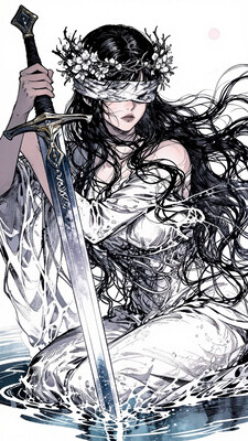 ((aidmaimageupgrader, aidmaMJ6.1, ne0nfant4sy)), Hyper-realistic close-up digital illustration A young woman with blindfold, positioned slightly off-center to the left of the image, long dark hair and a serious expression. wears a flowing, white, almost ethereal garment with intricate details and hints of darker, almost grayish-blue tones, wears a crown of flowers and thorns, woman holds a large, ornate sword, surface with a bluish-silver sheen, sword partially submerged in water, water surrounding her is rendered in shades of light blue and gray, woman posture is slightly hunched, gaze appears solemn, The drawing is done in a style evoking graphic novels or digital paintings. The drawing style incorporates both fine lines and areas of bolder shading and color. A softly-rendered, light pink, bubble-like object hovers above the image's upper right side. The lighting is subtly diffused, highlighting the features of the woman and the sword. The overall composition is detailed and atmospheric. There is a suggestion of dramatic perspective, stunning detail, and a hauntingly elegant avant-garde aesthetic., white sphere on background, , , , usnr