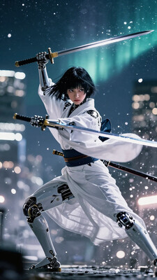 masterpiece, best quality, amazing quality, very aesthetic, detailed eyes, perfect eyes, realistic eyes, depth of field, facing viewer, full body, dramatic, (fighting stance:0.7), 1girl, cyborg, sword, unsheathing, katana, white kimono, black hair, (mechanical legs:1.2), cyberpunk city, night, starry sky, aurora, cinematic, epic, bloom, volumetric lighting, (dark background:1.4), vibrant colours, high contrast, , , gbf_style
