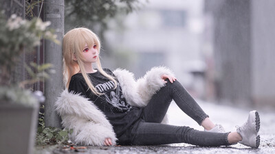 1girl, solo, lazypos, anime-style, delicate, dreamy, looking away, cinematic lighting, cinematic, volumetric lighting, natural shadows, soft and gentle colors, soft pastel colors, soft shading, detailed textures, kaela20, blonde hair, red eyes, long hair, parted lips, black_oversized_graphic_tee, jeans, white_faux_fur_coat, chunky_sneakers, outdoors, walking, raining, hands in pocket, cityscape, alley, potted plant, flower, usnr