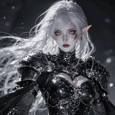 masterpiece, best quality, amazing quality, anime coloring, 2d, anime style, , high_detail, dfav1.5, mythp0rt 1girl, pale, white skin, colored skin, pale skin, soft lips, glossy lips, elf, pointy ears, detailed eyes, glowing eyes, muscular woman, armor, cape, leather armor, scar, scars on face, white hair, long hair, messy hair, black armor, black leather masterpiece, best quality, amazing quality