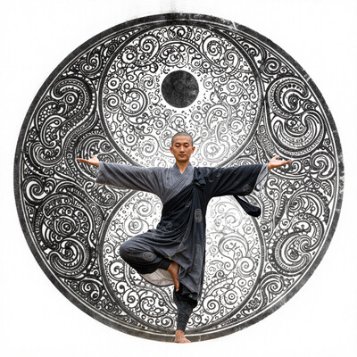 A striking artistic depiction of a serene monk balanced gracefully on one leg in a classic yoga pose, embodying harmony and inner peace. The monk's flowing robes and calm expression mirror the balance of the large, intricately designed yin and yang symbol dominating the background, its swirling patterns filled with ornate details. . The composition exudes tranquility and balance, with the monk positioned at the center of this mesmerizing interplay of opposites.