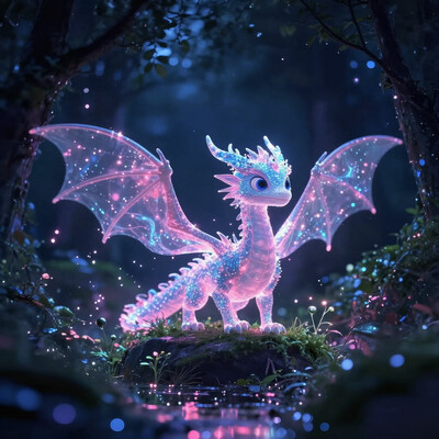 anime, A Pixar-style medium shot of a nocturnal forest with a shadowy atmosphere. The forest is illuminated by a neon glow from a fantastical, ethereal dragon with translucent scales. The dragon's scales shimmer with a blend of vibrant pink and electric blue, casting an otherworldly light upon the surrounding foliage. The dragon has large, expressive eyes filled with innocent curiosity and delicate wings that resemble gossamer fabric. The dragon's body is adorned with tiny, sparkling dots that dance and flicker. The dragon stands atop a mossy, luminescent rock, and its reflection shimmers in the dew-kissed undergrowth. The contrast between the dragon's radiant colors and the deep, inky blackness of the forest creates a breathtaking visual spectacle.