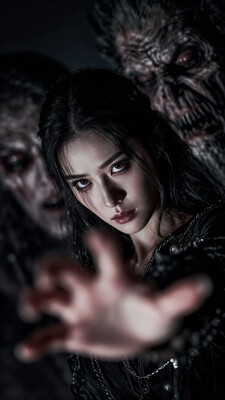 1woman, sexy, serious, confident, focused, tense, piercing gaze, looking at viewer, close up, beautiful, intense, forshortening, dark background, fantasy setting, magical, subtle horror, scary, dangerous, dark, evil, monster, two-faced, tilted, dutch angle, reaching for viewer, clawed hand, claws, hand_focus, two- face, old and young, left side young, right side old, , masterpiece, best_quality, amazing_quality, very_aesthetic, 8k, high_quality, highres, absurdres, subject_focus, , blurry background, detailed shadows, atmospheric haze, ambient occlusion, shallow depth of field, film grain, vignette, motion blur, chromatic aberration, , detailed eyes, perfect eyes, realistic eyes, , 15546+456868, in the style of cksc, Sinozick_illu