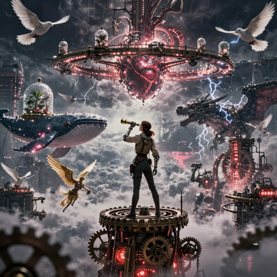 A vivid steampunk scene above the clouds in the floating city of Ishtar, centered on a female watcher with a mechanical arm and an old pilot suit, standing atop a colossal gear tower. She peers into a thunderstorm with a brass telescope. Behind her, flying whale-shaped airships carry glass domes filled with ancient plants, circling the glowing mechanical heart that powers the city. The background glows with crimson light from steam vents and rotating gear circuits, while electric arcs dance across a storm beast shaped like a dragon. Feathered mechanical doves dart through the clouds carrying scrolls. A mechanical angel with golden wings awakens in the misty distance. (vivid style, cinematic lighting, wide angle, high detail), , detailifier, , aidmaMJ6.1