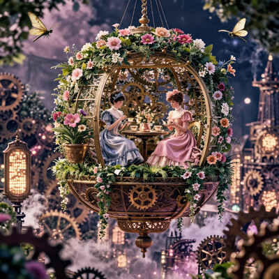 an ornate floating airship garden where Victorian ladies in pastel dresses sip tea surrounded by potted flowers and hovering brass dragonflies, view opens up to reveal an immense gear-filled city below, steam rising between rooftops, glowing signs and rotating cogs creating rhythmic shadows, vibrant lighting with backlit clouds, vivid storybook style, , aidmaMJ6.1, , detailifier