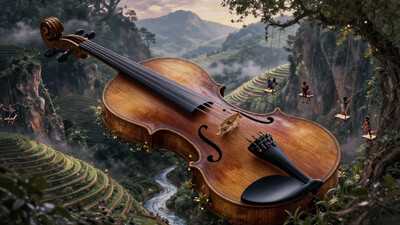 Create a Surr3@l Design a deep valley shaped like a violin, with its wooden curves forming terraced hills. The strings stretch from cliff to cliff, and children swing on them like vines. Rivers follow the violin's contours, glowing faintly in twilight. Include distant mountain ranges and mist rolling over the chinrest. Style the scene like a romantic landscape oil painting infused with fantastical design, warm lighting, and flowing movement.