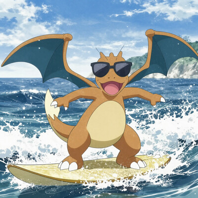 masterpiece, best quality, anime screencap, solo, zzCharmeleon, surfing, ocean, sunglasses