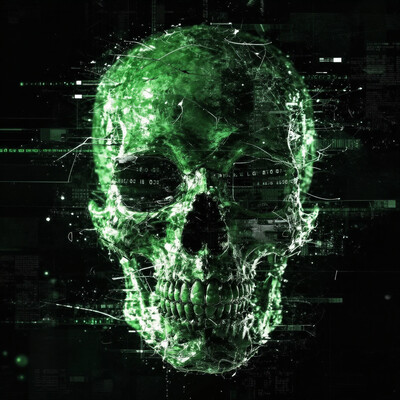 concept art, stylized skull green light glitch art digital medium eerie atmosphere text overlay abstract surreal dark background high contrast digital painting glitch effect futuristic cyberpunk sci-fi neon green distorted fragmented digital glitch digital art