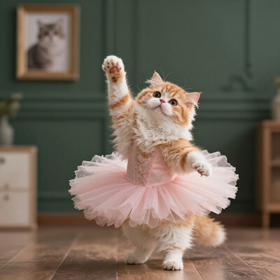 This is a high-resolution, CGI-rendered photograph of a fluffy, orange and white Persian cat dressed in a ballet tutu. The cat is depicted mid-ballet pose, with one paw raised elegantly in the air, and the other firmly planted on the floor. The tutu is a soft, pastel pink, adding a whimsical and playful element to the image. The cat's fur is meticulously detailed, showcasing its fluffy texture and the intricate patterns of its fur, including the distinctive markings on its face., The background features a dark green wall with elegant wainscoting, adding a classic and sophisticated atmosphere to the scene. On the wall to the left, there is a framed photograph of another cat, which adds to the whimsical and humorous theme of the image. The floor is made of polished, dark wooden planks, which contrast with the light colors of the cat and tutu. The overall composition and lighting create a warm and inviting environment, emphasizing the playful and humorous nature of the scene. The image captures the essence of a cat's natural grace and charm, combined with a whimsical, human-like pose and attire, making it a humorous and endearing portrayal.