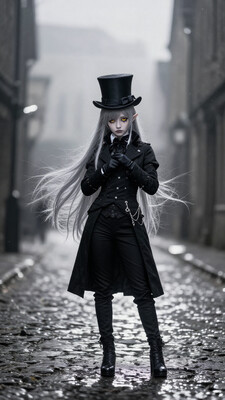 masterpiece, sharp detail, intricate detail, 1girl, (urin, rella, konya karasue), pale skin, pointy ears, long eyelashes, black sclera, vivid golden eyes, silver hair, long hair, straight hair, (hair flaps), (petite, small height), medium breasts, victorian, official coat, black pants, top hat, ribbon on hat, black gloves, adjusting gloves, shirt, black outfit, belt, looking at viewer, full body, BREAK fog, dense fog, city street, medieval city, night, upper body, half-closed eyes, expressionless, evening, medieval city, buildings, stone road, high-key lighting, light rays, hard lighting, BREAK chiaroscuro, dramatic shadows, detailed background, , heavy fog, rolling fog